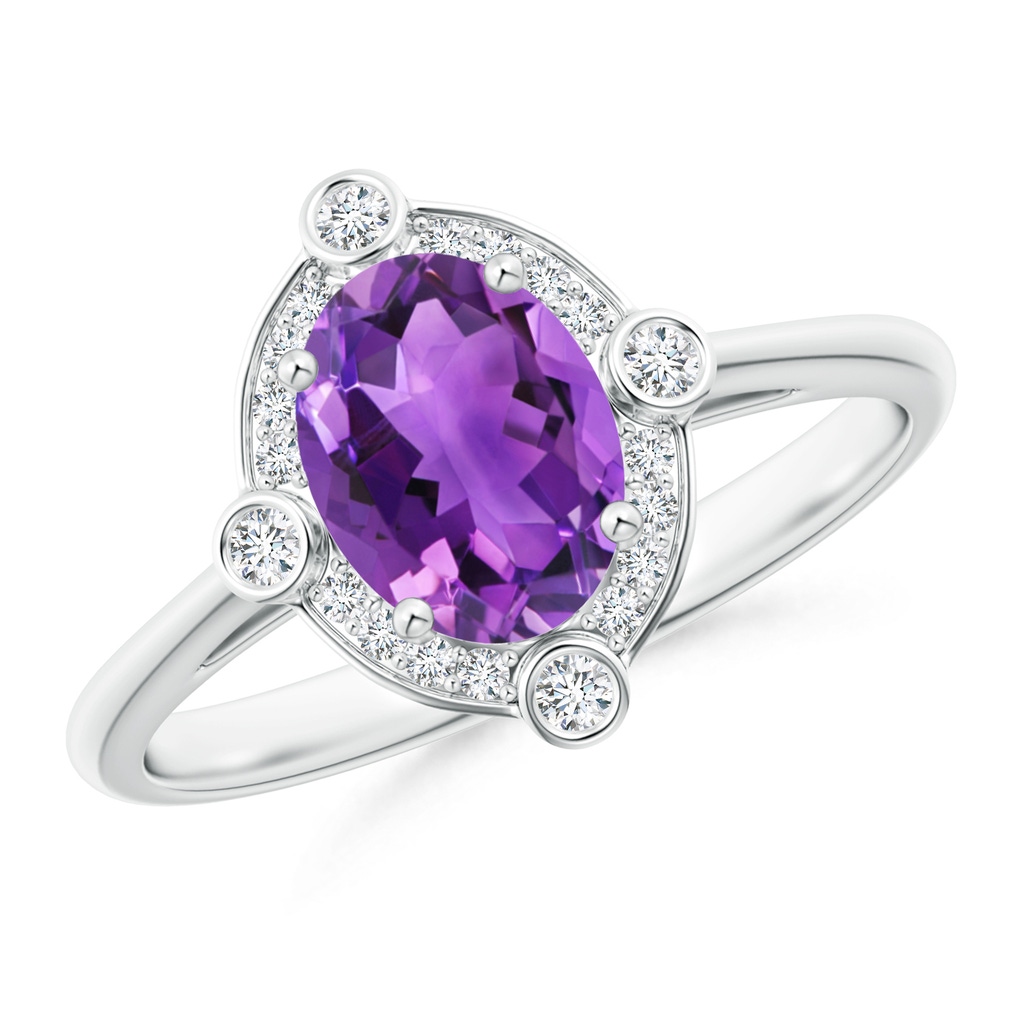 8x6mm AAA Deco Inspired Oval Amethyst and Diamond Halo Ring in White Gold