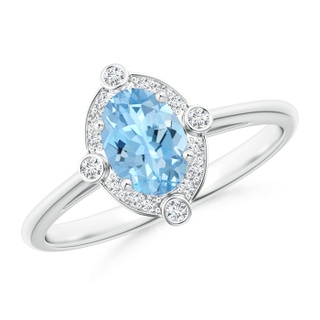 7x5mm AAAA Deco Inspired Oval Aquamarine and Diamond Halo Ring in White Gold