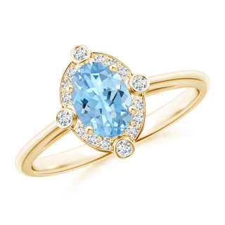 7x5mm AAAA Deco Inspired Oval Aquamarine and Diamond Halo Ring in Yellow Gold