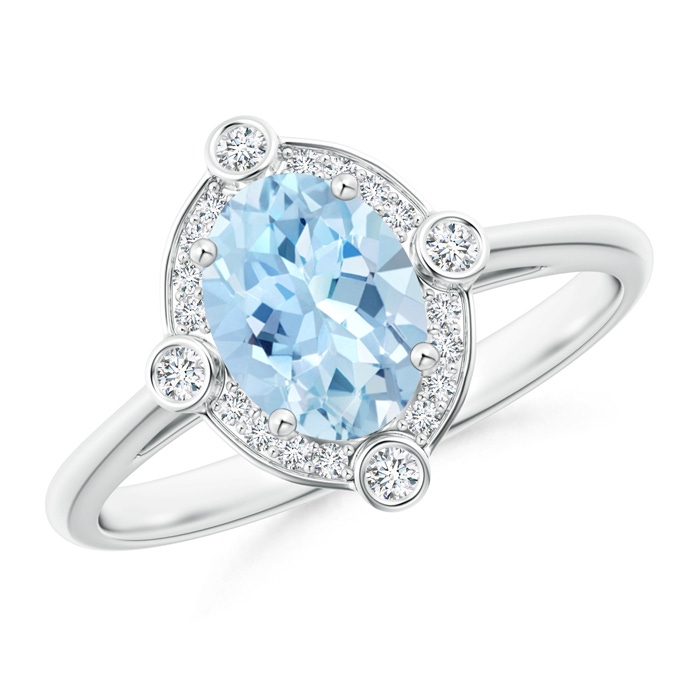 8x6mm AAA Deco Inspired Oval Aquamarine and Diamond Halo Ring in White Gold