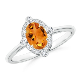 7x5mm AAA Deco Inspired Oval Citrine and Diamond Halo Ring in White Gold
