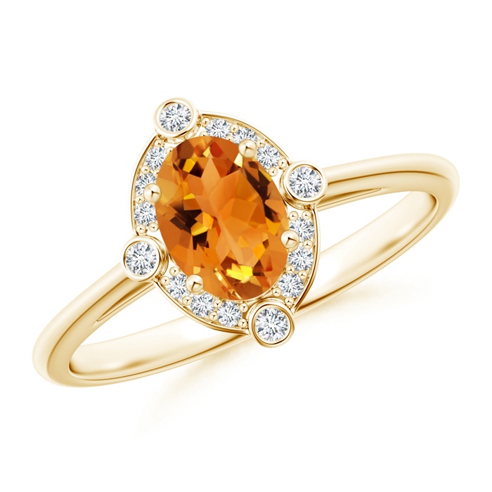 7x5mm AAA Deco Inspired Oval Citrine and Diamond Halo Ring in Yellow Gold 