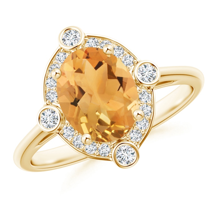 9x7mm A Deco Inspired Oval Citrine and Diamond Halo Ring in Yellow Gold 