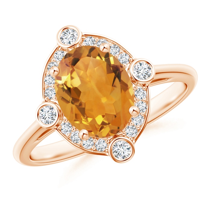 9x7mm AA Deco Inspired Oval Citrine and Diamond Halo Ring in Rose Gold 