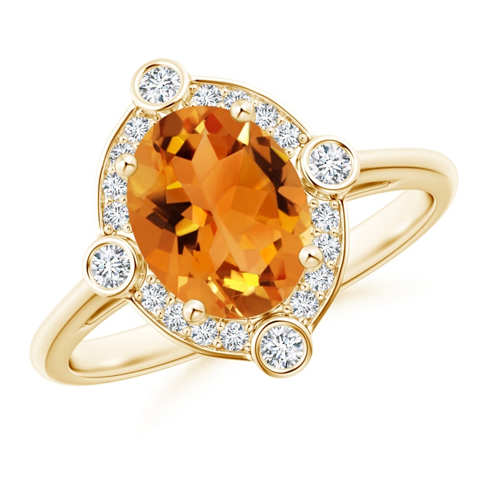9x7mm AAA Deco Inspired Oval Citrine and Diamond Halo Ring in Yellow Gold 