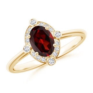 7x5mm AAA Deco Inspired Oval Garnet and Diamond Halo Ring in Yellow Gold