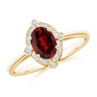 7x5mm AAAA Deco Inspired Oval Garnet and Diamond Halo Ring in Yellow Gold