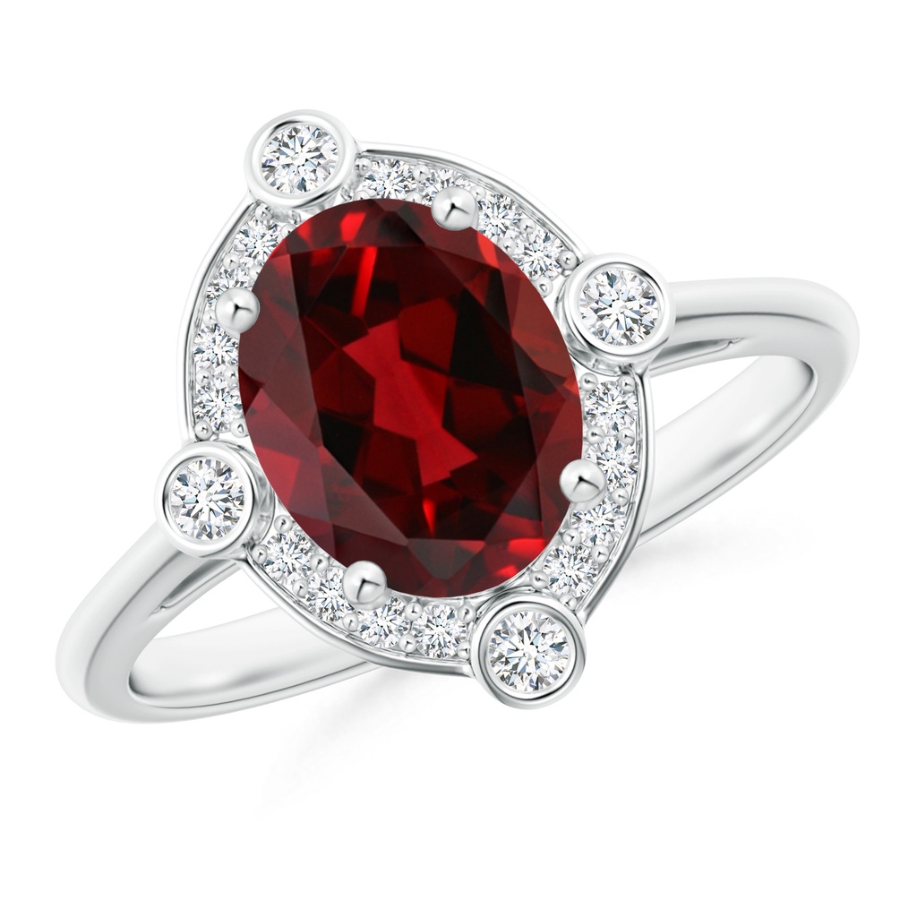 9x7mm AAAA Deco Inspired Oval Garnet and Diamond Halo Ring in White Gold