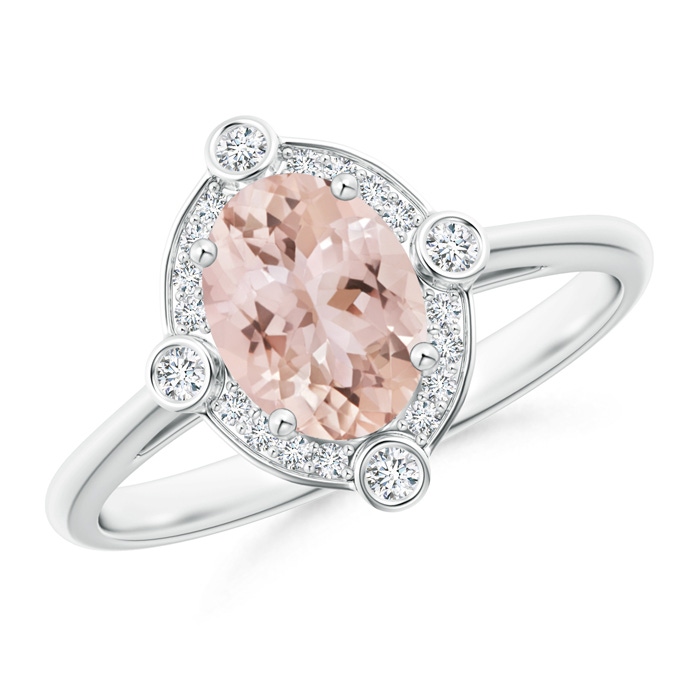 8x6mm AAA Deco Inspired Oval Morganite and Diamond Halo Ring in White Gold