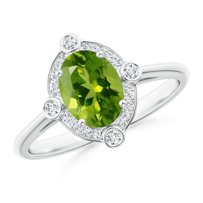 8x6mm AAAA Deco Inspired Oval Peridot and Diamond Halo Ring in White Gold