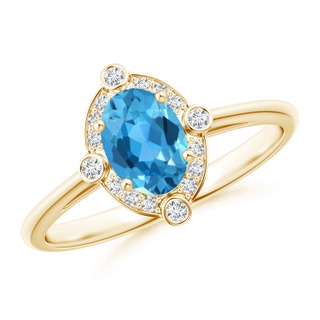 7x5mm AAA Deco Inspired Oval Swiss Blue Topaz and Diamond Halo Ring in 9K Yellow Gold