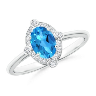 7x5mm AAAA Deco Inspired Oval Swiss Blue Topaz and Diamond Halo Ring in White Gold