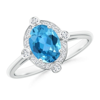 8x6mm AAA Deco Inspired Oval Swiss Blue Topaz and Diamond Halo Ring in White Gold