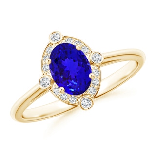 7x5mm AAAA Deco Inspired Oval Tanzanite and Diamond Halo Ring in Yellow Gold
