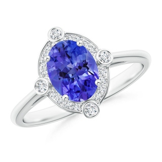 8x6mm AAA Deco Inspired Oval Tanzanite and Diamond Halo Ring in White Gold