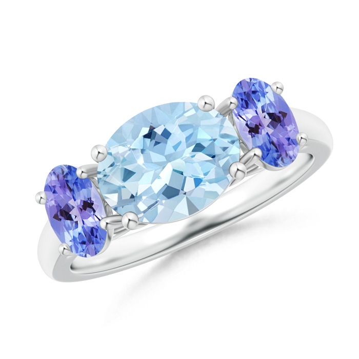9x7mm AAA Prong-Set Oval Aquamarine and Tanzanite Three Stone Ring in White Gold