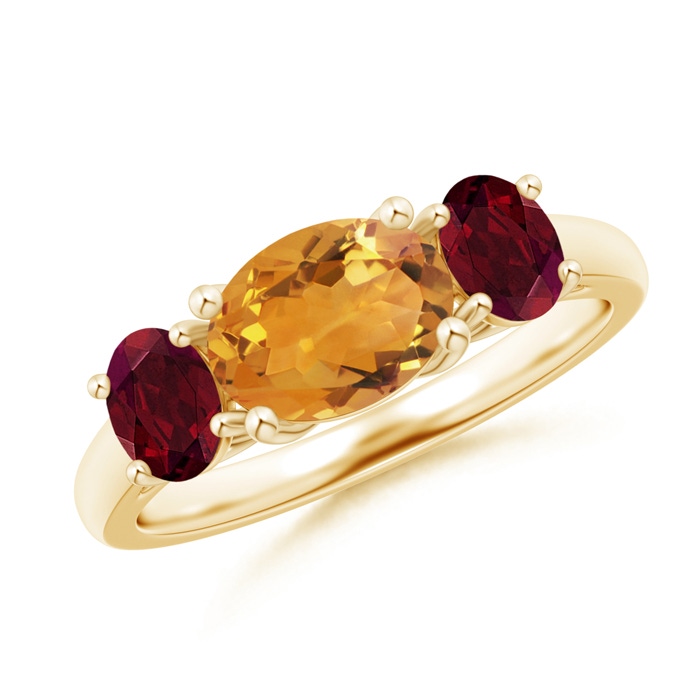 8x6mm AA Prong-Set Oval Citrine and Garnet Three Stone Ring in Yellow Gold 