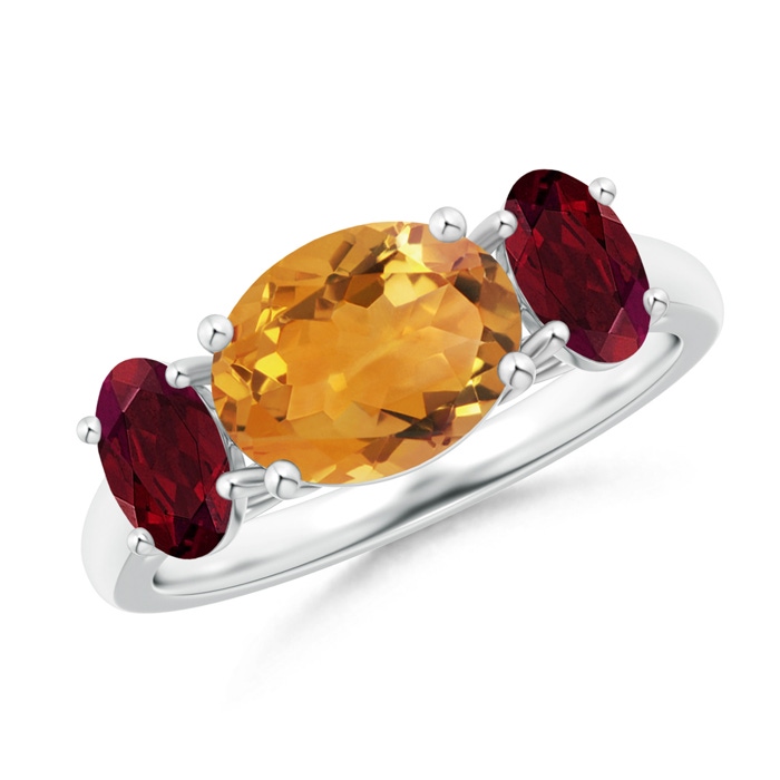 9x7mm AA Prong-Set Oval Citrine and Garnet Three Stone Ring in White Gold 