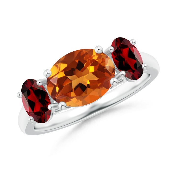 9x7mm AAAA Prong-Set Oval Citrine and Garnet Three Stone Ring in White Gold