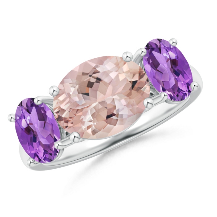 10x8mm AA Prong-Set Oval Morganite and Amethyst Three Stone Ring in White Gold