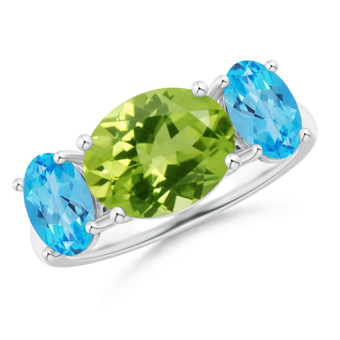 10x8mm AAA Prong-Set Oval Peridot and Swiss Blue Topaz Three Stone Ring in White Gold