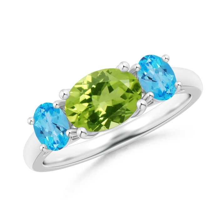 8x6mm AAA Prong-Set Oval Peridot and Swiss Blue Topaz Three Stone Ring in White Gold