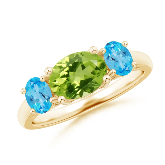 8x6mm AAA Prong-Set Oval Peridot and Swiss Blue Topaz Three Stone Ring in Yellow Gold