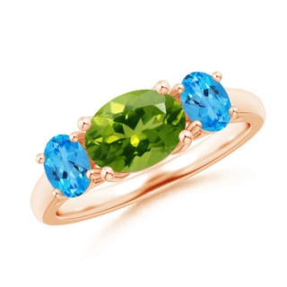 8x6mm AAAA Prong-Set Oval Peridot and Swiss Blue Topaz Three Stone Ring in Rose Gold