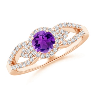 5mm AAA Split Shank Round Amethyst Halo Ring with Clustre Diamonds in Rose Gold
