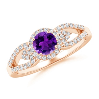 5mm AAAA Split Shank Round Amethyst Halo Ring with Clustre Diamonds in Rose Gold