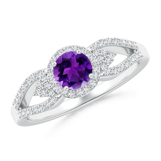 5mm AAAA Split Shank Round Amethyst Halo Ring with Clustre Diamonds in White Gold