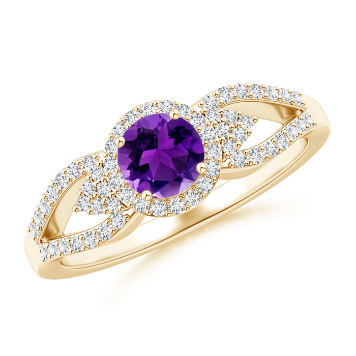 5mm AAAA Split Shank Round Amethyst Halo Ring with Cluster Diamonds in Yellow Gold