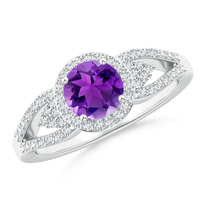 6mm AAA Split Shank Round Amethyst Halo Ring with Cluster Diamonds in White Gold