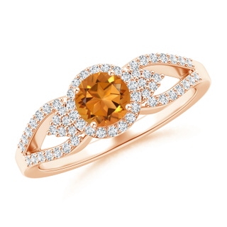 5mm AAA Split Shank Round Citrine Halo Ring with Clustre Diamonds in Rose Gold