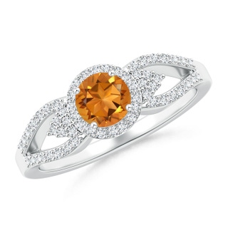 5mm AAA Split Shank Round Citrine Halo Ring with Clustre Diamonds in White Gold