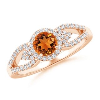 5mm AAAA Split Shank Round Citrine Halo Ring with Clustre Diamonds in Rose Gold