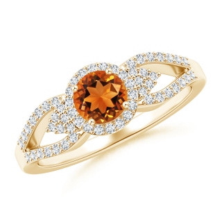 5mm AAAA Split Shank Round Citrine Halo Ring with Clustre Diamonds in Yellow Gold