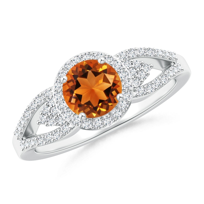 6mm AAAA Split Shank Round Citrine Halo Ring with Cluster Diamonds in White Gold
