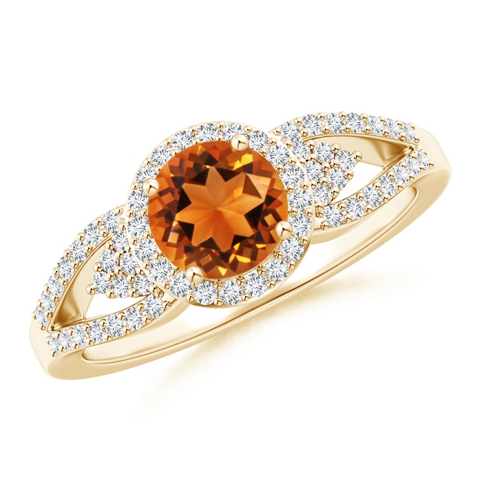 6mm AAAA Split Shank Round Citrine Halo Ring with Clustre Diamonds in Yellow Gold