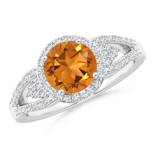 7mm AAA Split Shank Round Citrine Halo Ring with Cluster Diamonds in White Gold