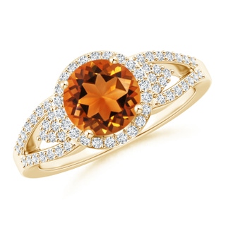 7mm AAAA Split Shank Round Citrine Halo Ring with Clustre Diamonds in 9K Yellow Gold
