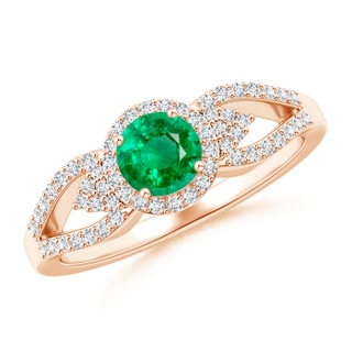 5mm AAA Split Shank Round Emerald Halo Ring with Clustre Diamonds in Rose Gold