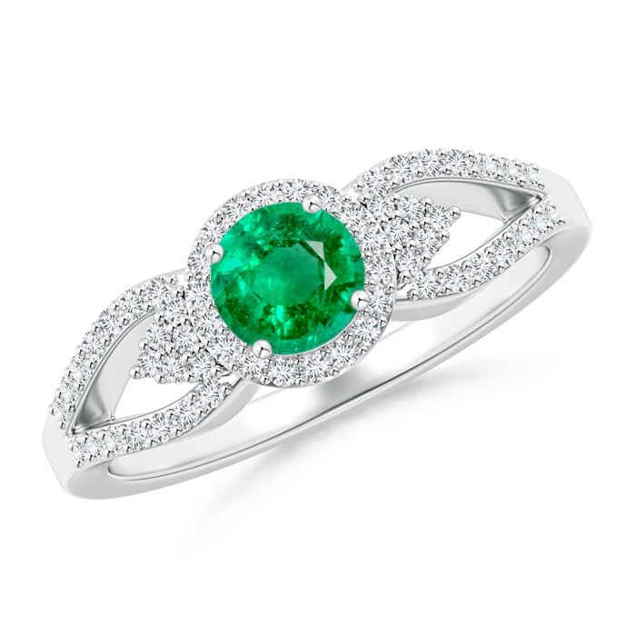 5mm AAA Split Shank Round Emerald Halo Ring with Clustre Diamonds in White Gold 