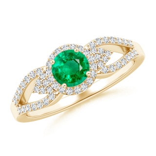 5mm AAA Split Shank Round Emerald Halo Ring with Clustre Diamonds in Yellow Gold
