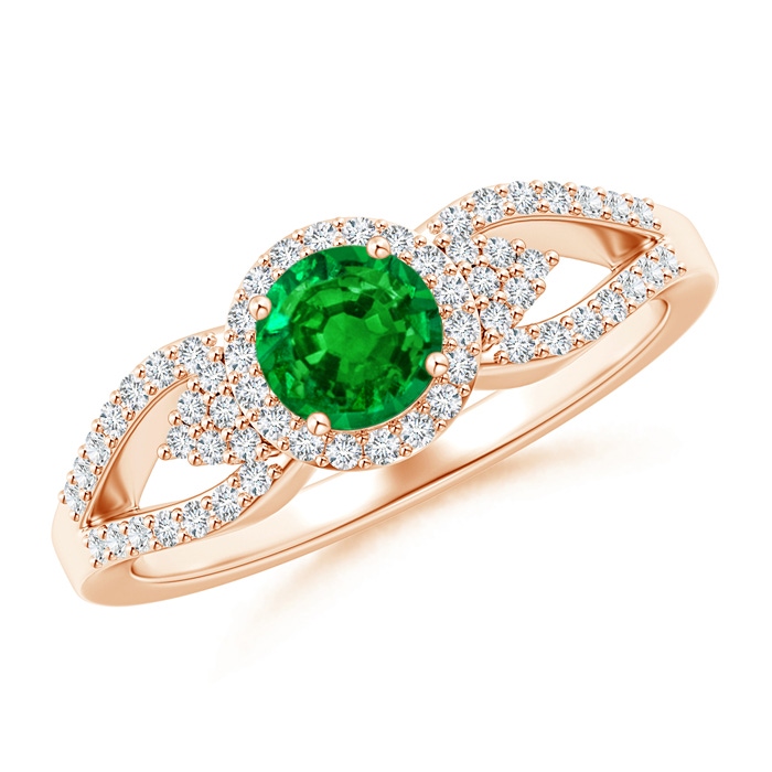 5mm AAAA Split Shank Round Emerald Halo Ring with Clustre Diamonds in Rose Gold