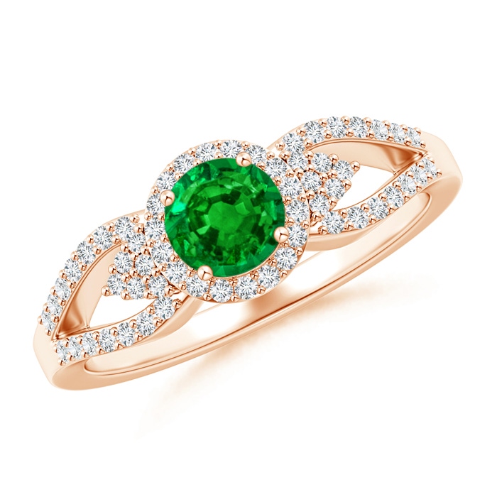 5mm AAAA Split Shank Round Emerald Halo Ring with Clustre Diamonds in Rose Gold 