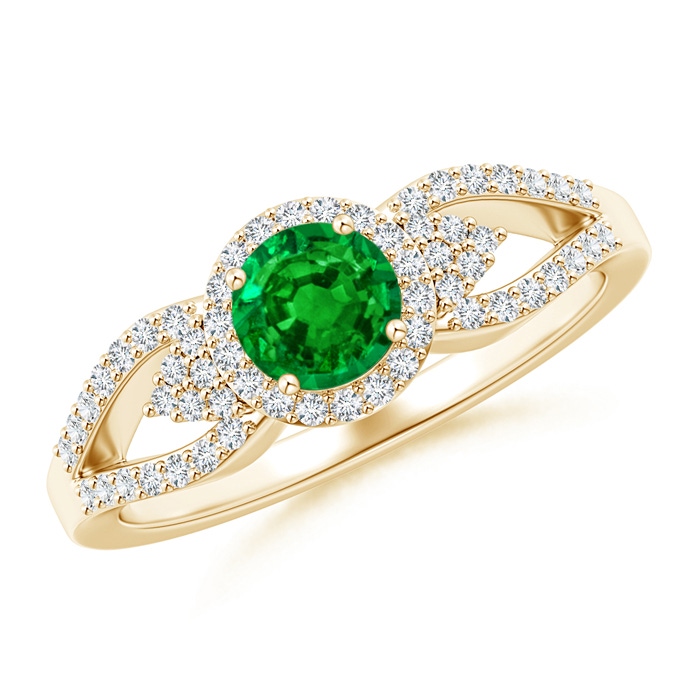 5mm AAAA Split Shank Round Emerald Halo Ring with Cluster Diamonds in Yellow Gold