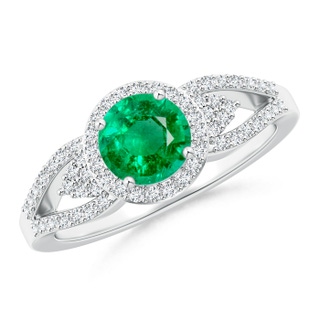 6mm AAA Split Shank Round Emerald Halo Ring with Clustre Diamonds in White Gold