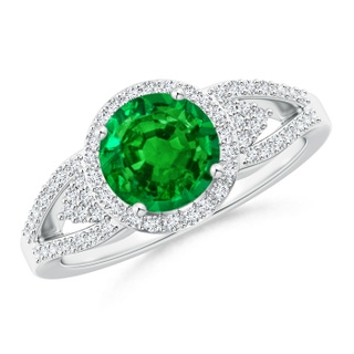 7mm AAAA Split Shank Round Emerald Halo Ring with Cluster Diamonds in P950 Platinum