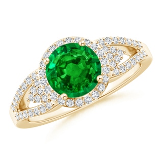 7mm AAAA Split Shank Round Emerald Halo Ring with Cluster Diamonds in Yellow Gold